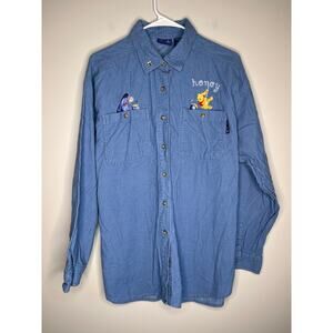1990s Disney Parks Winnie the Pooh Blue Corduroy Eeyore Honey Bees Shirt XL